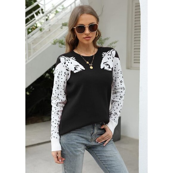 Women's Leopard Print Knitted Pullover Crew Neck Long Sleeve Sweater - Picture 2 of 6